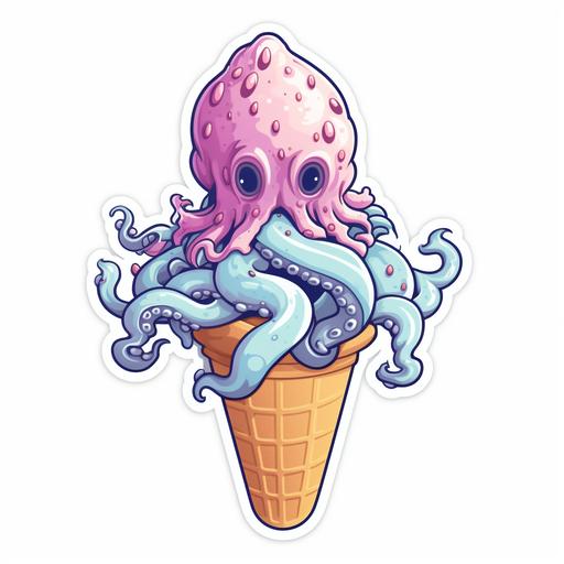 cartoon ice cream cone with tentacle as the ice cream, sticker art, simple low detail, white background