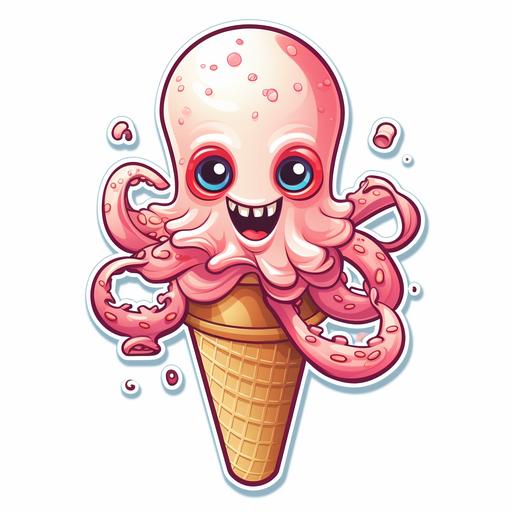 cartoon ice cream cone with tentacle as the ice cream, sticker art, simple low detail, white background