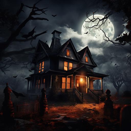 the exterior of a haunted house on halloween night. the sky is stormy and the moon is bright and full. There are pumpkins in the foreground. The house has candle light in the windows. there are bat silhouettes in the sky.