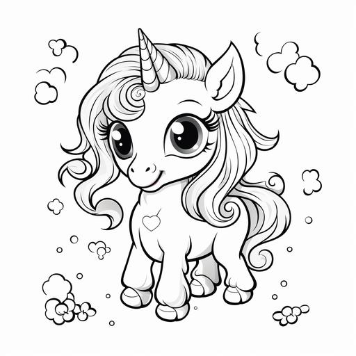 coloring book for kids, unicorn, coloring book style, cartoon style, thick line, low detail, no shading, cut lines for sissor practice.