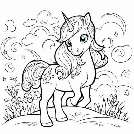 coloring book for kids with sissor practice, unicorn, coloring book style, no color inside, cartoon style, thick line, low detail, no shading.