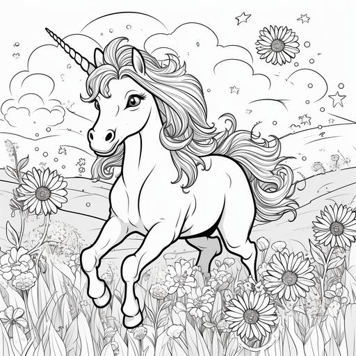 coloring page for toddler, A unicorn prancing through a field of daisies, cartoon style, thick line, low detail, no shading, no color.