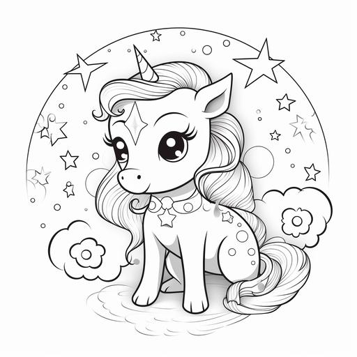 coloring page for toddler, A unicorn under a sparkling shooting star, cartoon style, thick line, low detail, no shading, no color.