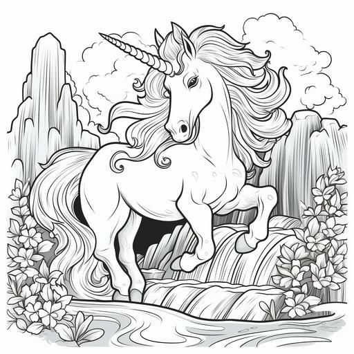 coloring page for toddler, A unicorn with a flowing waterfall, cartoon style, thick line, low detail, no shading, no color.