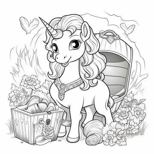 coloring page for toddler, A unicorn with a hidden treasure chest, cartoon style, thick line, low detail, no shading, no color