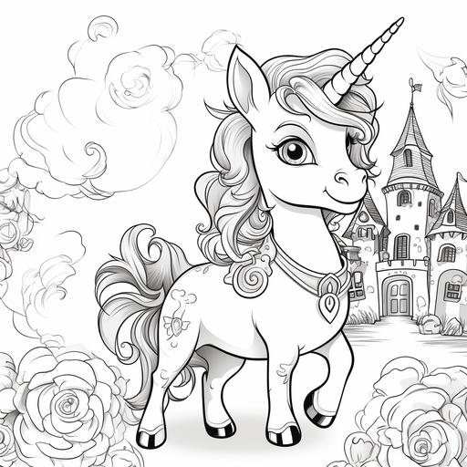 coloring page for toddler, A unicorn with a magical key, alohomora, cartoon style, thick line, low detail, no shading, no color.