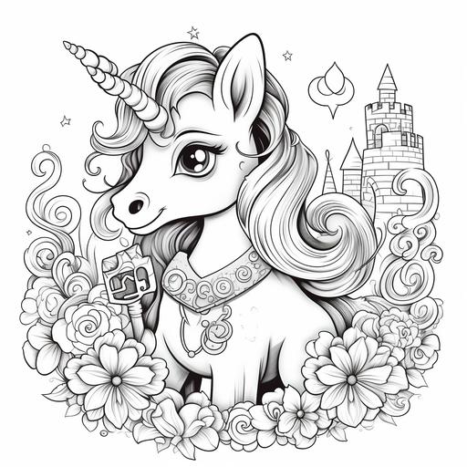 coloring page for toddler, A unicorn with a magical key, cartoon style, thick line, low detail, no shading, no color.