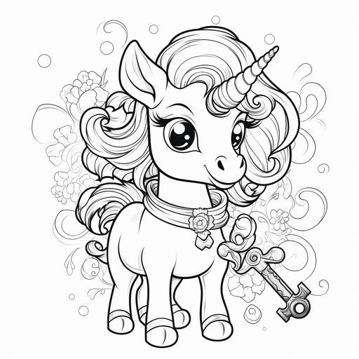 coloring page for toddler, A unicorn with a magical key, cartoon style, thick line, low detail, no shading, no color.