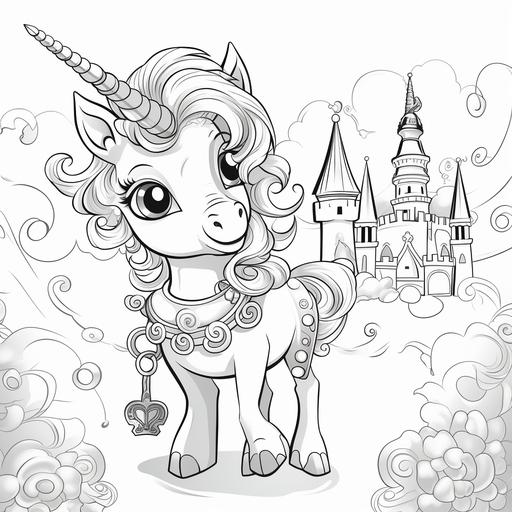coloring page for toddler, A unicorn with a magical key, alohomora, cartoon style, thick line, low detail, no shading, no color.