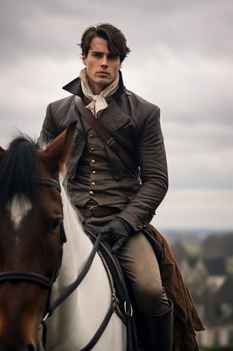 Shot of the handsome young man, James, riding a horse, dressed in nice clothes, overlooking the village --v 5.2 --ar 2:3