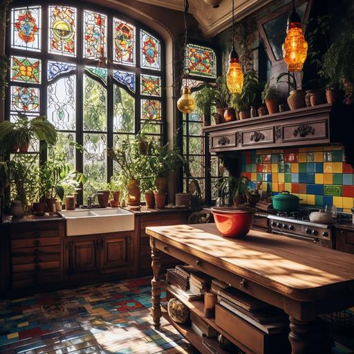 Beautiful kitchen with spanish tiles, stained glass windows, fantasy lamps, everything is colourful, lots of wood, everything is mismatched but aesthetic