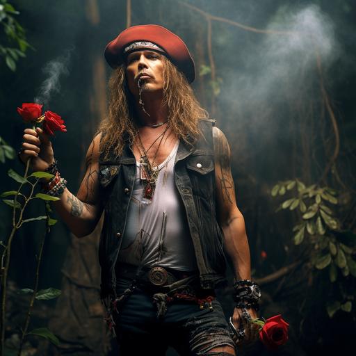 axel rose from guns and roses band standing in a jungle with a rose in his mouth