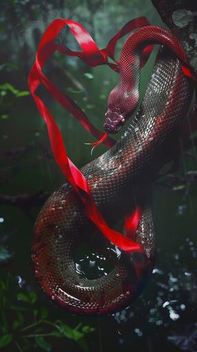 In the Rain forest river, a tremendous anaconda half body is turning into a very wide silk red ribbon, fancy gemstone, diamonds, immensity, surrealistic, hidden terror, Aerial view, the anaconda form a heart, cinematic, unearthly --ar 9:16 --v 6.0
