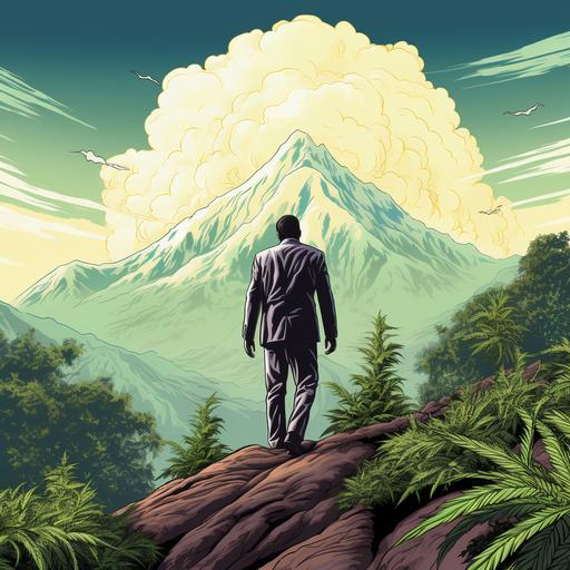 white Man in suit climbing up top of mount kilimanjaro where in the distance ontop of the mountain is cannabis plants - realistic cartoon