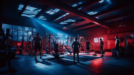 Create a full-shot, photo-real, of a people trainning in a gym. the background is a gym in blue and red colors. Using a canon 5d mark v with a 18mm lens --ar 16:9