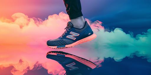 Remove new balance shoe and reflection of shoe. Just generate the background, keep the dark blue and change colour of cloudes to hues of pink to green ombre. --v 6.0 --ar 2:1