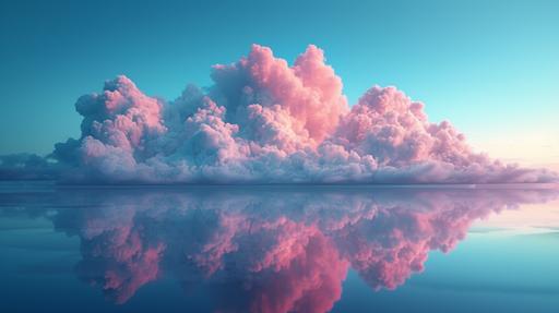 c4d rendering, Glass reflective floor, horizon line in centre of composition, deep blue sky above floor with pink and green ombre cloud floating across, high-end, natural environment scene --s 375 --v 6.0 --ar 16:9