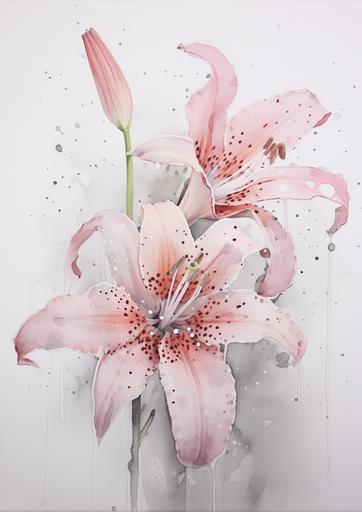 loose form, watercolor splatter, wet on wet blending lily art blog watercolor of orchids art watercolor lily, in the style of pink and gray, minimalist still lifes, plein air paintings, flower power, monochromatic paintings, watercolorist --ar 5:7