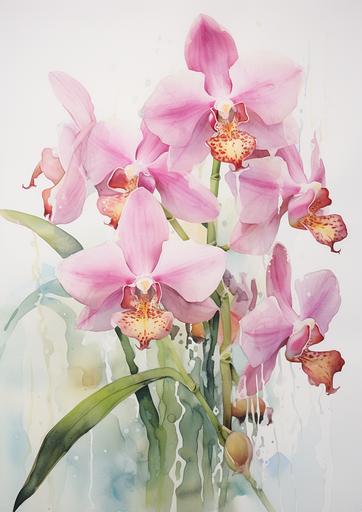 loose form, watercolor splatter, wet on wet blending orchid watercolor painting of pink orchids, in the style of strong use of negative space, kitty lange kielland --ar 5:7
