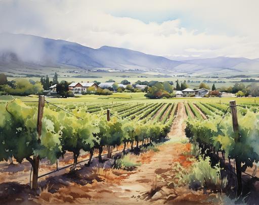 watercolor painting of vineyard near Napa valley california painting by bill rucksing, in the style of jeff danziger, repetitive, gabriele dell'otto, emek golan, soft edges, horizons --ar 91:72