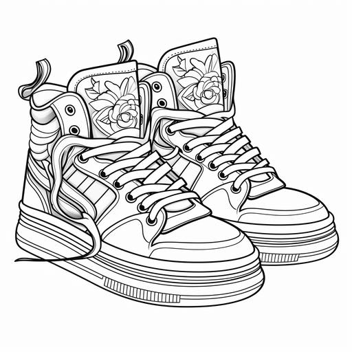 coloring page for kids, pair of sneakers, black and white, stacked on shoes boxes, thick lines,