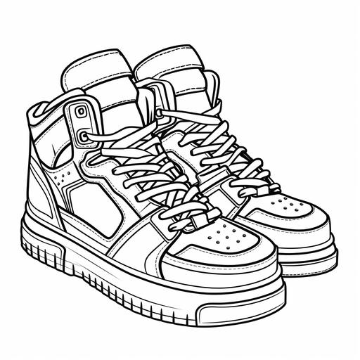 coloring page for kids, pair of sneakers, black and white, stacked on shoes boxes, thick lines,