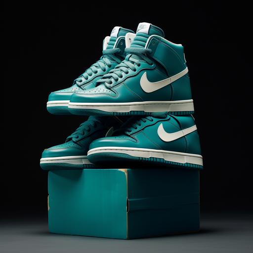 kids shoes, teal, nike, stacked on shoe box,thick lines