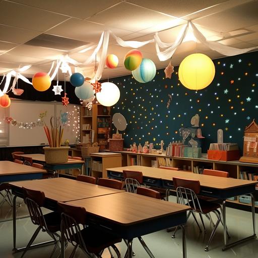 teacher classroom,disney theme, big, twinkle lights, desks, lamps,cartoon teacher