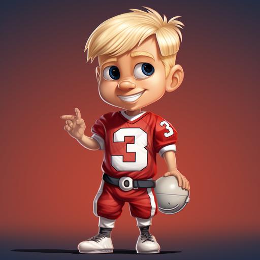 young football player, cartoon style, blonde hair, red uniform, white number three, white pants, white helmet with red number 3,