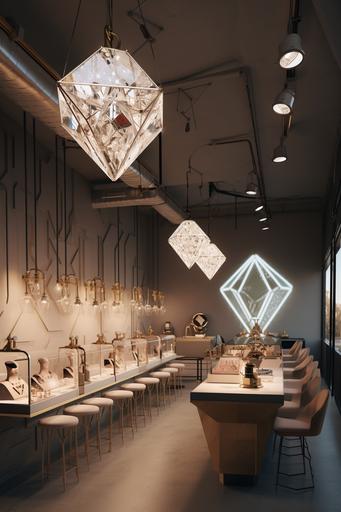 interior of lab diamond boutique, vintage & future style, products are blind box with diamonds and desiged lab diamond accessories. top view