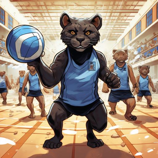 comic, panther cubs, wearing blue, playing volleyball in a gym