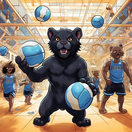 comic, panther cubs, wearing blue, playing volleyball in a gym