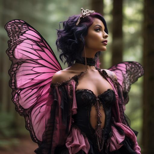 urban priestess wearing hot pink and black couture clothing watching a forest gathering of fauna