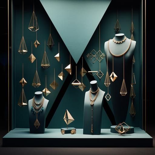 A retail window display for diamond jewellery store, elegant, sophisticated, royal color pallet, display of neckpiece, earrings, and other accessories from diamond, also needs a supporting prop showing geometric diamond shaped around the display, prop should compliment the over all merchandise in the window display