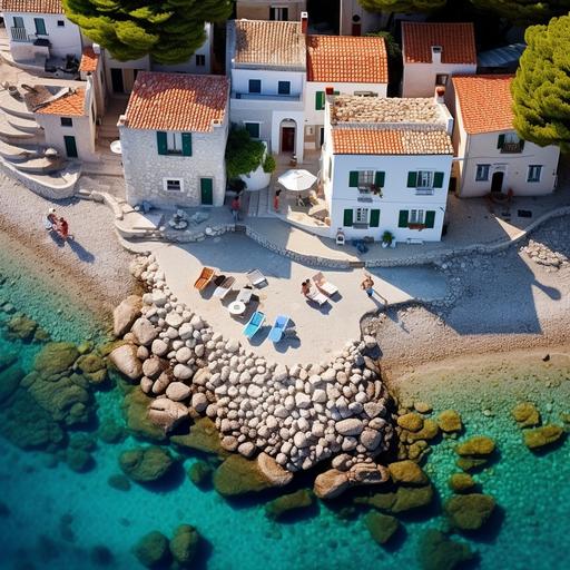 create an image of a dalmatian island with pebbled beach, agava plants, stone houses. the atmosphere should be soothing, peaceful and calm. it should look like a poster for a travel agent's showing the best of adriatic coast. there should also be a discreet symbol of croatia so that it's clear it's not any Mediterranean destination but croatia respectively