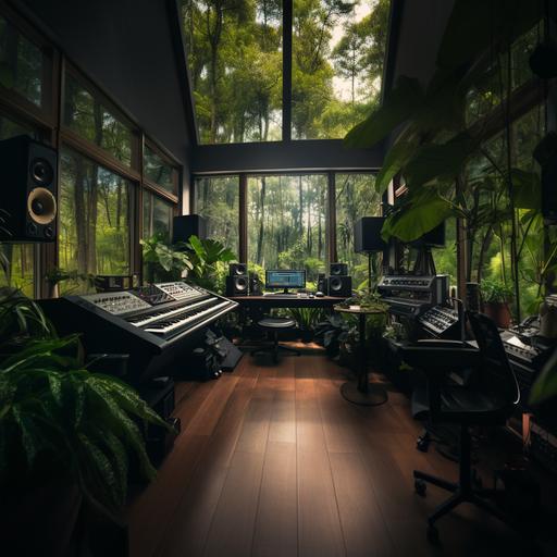 an electronic music studio, many keyboards and synthesizers on both walls stacked floor to celing, looking to a computer and chair at the back, behind computer is a big glass window overlooking a lush green rainforest. high celings, floor is dark grey marble. speakers on each side of computer. narrow room
