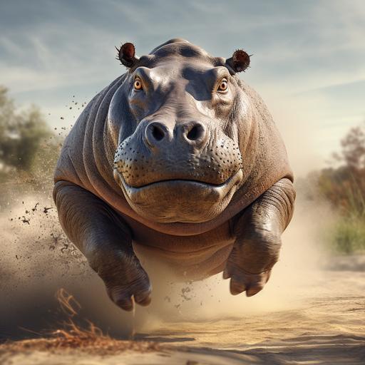 hippo,running away,real,4k,full body,big