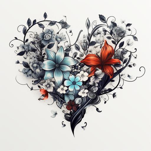 heart in Tim Burton style flowers on a white background 300 dpi