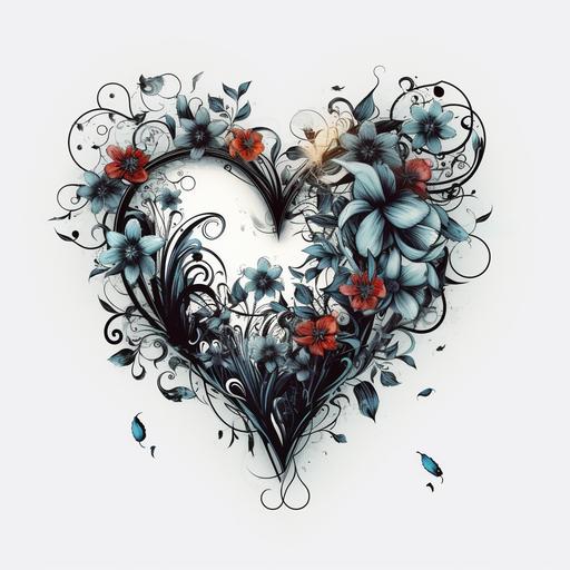 heart in Tim Burton style flowers on a white background 300 dpi