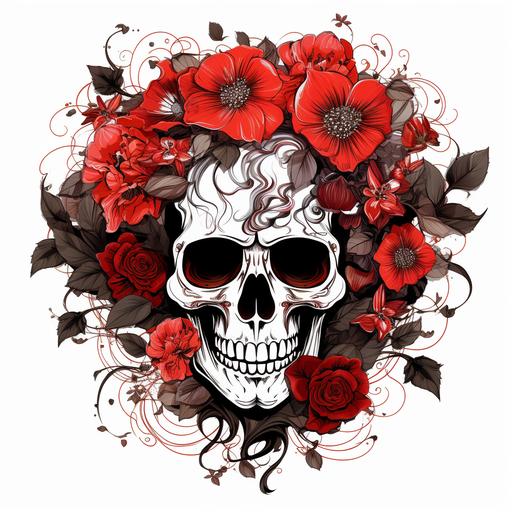 skull in Tim Burton style flowers black and red on a white background 300 dpi