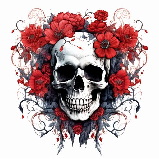 skull in Tim Burton style flowers black and red on a white background 300 dpi