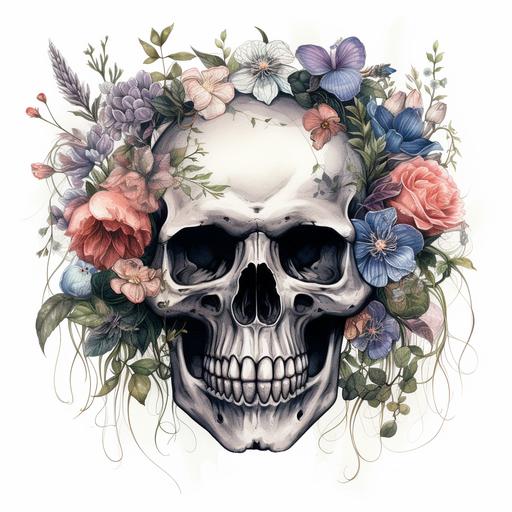 skull in Tim Burton style flowers on a white background 300dpi