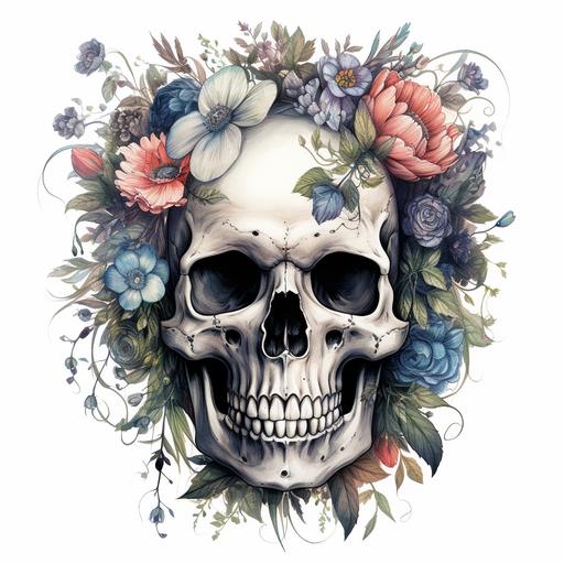 skull in Tim Burton style flowers on a white background 300dpi