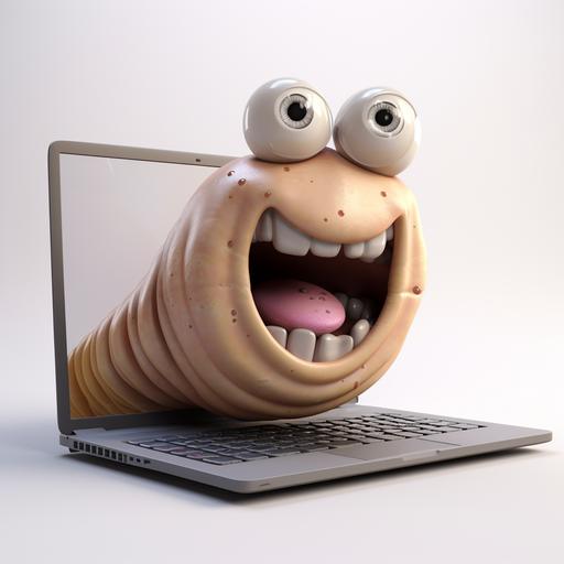 realistic 3d render of cute cartoon worm eating laptop, white bacground