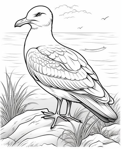 coloring page for kids, Seagull, cartoon style, thick line, low detailm no shading --ar 9:11