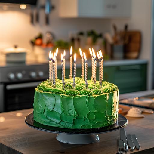 lushious birthday cake with green frosting and 29 lit silver candles, neat tidy kitchen on the background, blurred