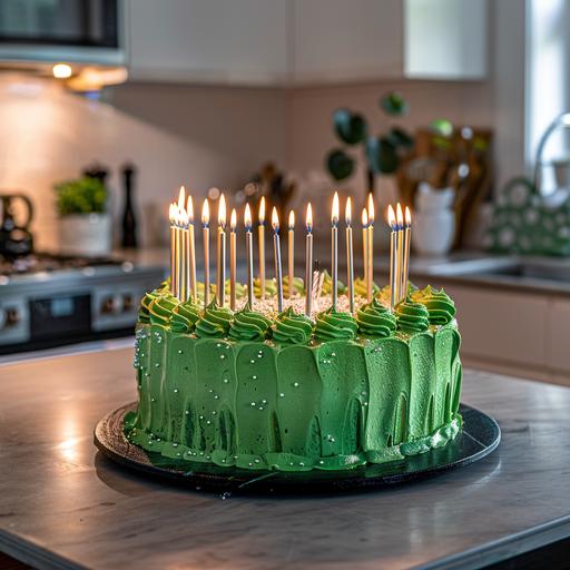 lushious birthday cake with green frosting and 29 lit silver candles, neat tidy kitchen on the background, blurred