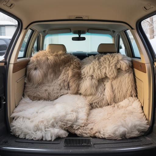 Inside the trunk of a sedan. You can only see the back of the car seats and the back of the headrests. Everything seems as expected. However, the trunk frame is subtly covered in isolated dog fur. The isolated dog fur looks as though it is growing out of the back of the car seats, back of the headrests, and sides of the car trunk. The isolated dog fur growing out of the trunk and back of the car seats should blend together seamlessly. Front-angle shot focusing on the interior of the trunk, with the frame of the trunk framing the entire image.