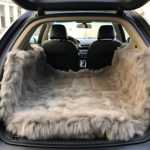 Inside the trunk of a sedan. You can only see the back of the car seats and the back of the headrests. Everything seems as expected. However, the trunk frame is subtly covered in fur. The fur looks as though it is growing out of the back of the car seats, back of the headrests, and sides of the car trunk. Front-angle shot focusing on the interior of the trunk, with the frame of the trunk framing the entire image.