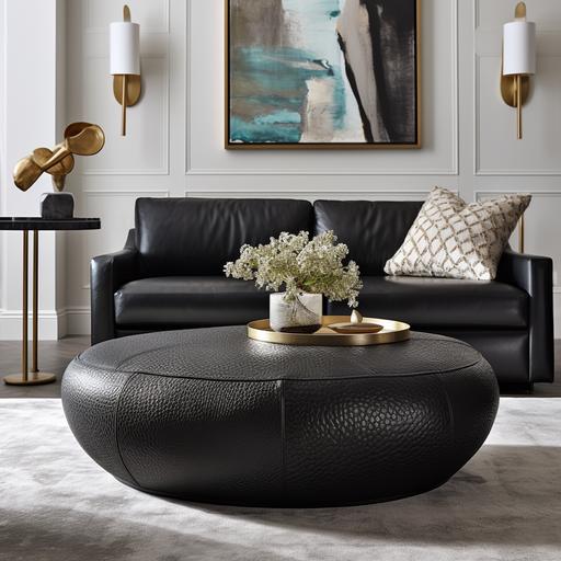 black pebbled leather oval ottoman in a living room setting